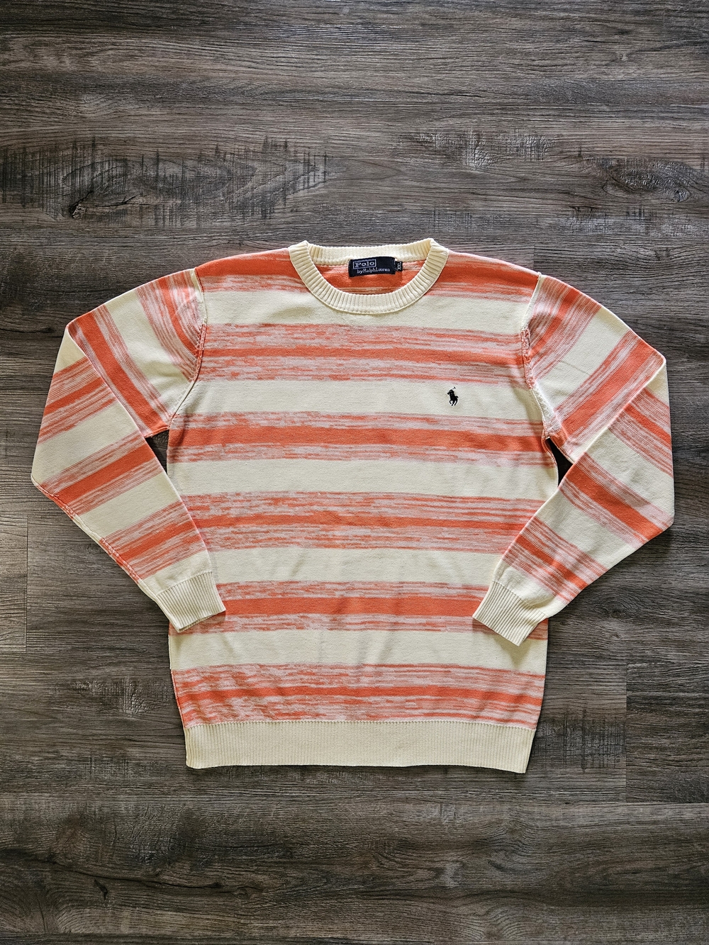 Vintage Polo by Ralph Lauren Orange Cream Space Dye Striped Cotton Knit Sweater